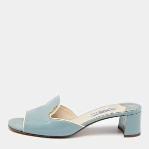 Prada Light Blue Saffiano Vernice Leather Slide Sandals Size 37.5