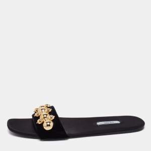 Pre Owned Prada Black Velvet Studded Flat Slides Size 41