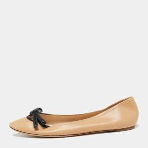Pre Owned Prada Beige/Black Leather Bow Detail Ballet Flats Size 40