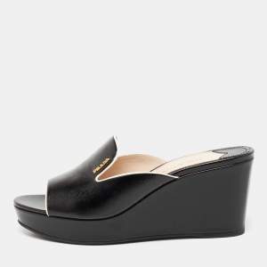 Prada Black Saffiano Patent Leather Wedge Slide Sandals Size 40