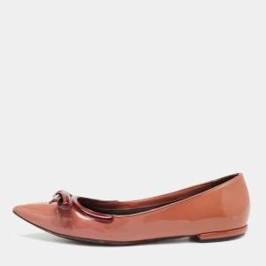 Pre Owned Prada Old Rose/Burgundy Patent Leather Bow Pointed-Toe Ballet Flats Size 38.5