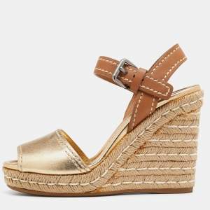 Pre Owned Prada Metallic Gold/Brown Leather Espadrille Wedge Sandals Size 37