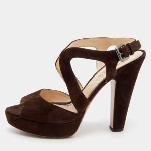 Prada Dark Brown Suede Platform Ankle Strap Sandals Size 39