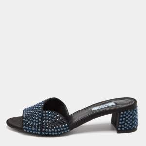 Prada Black Satin Crystal Embellished Block Heel Sandals 38