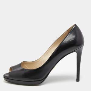 Pre Owned Prada Black Leather Peep Toe Pumps Size 37