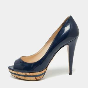 Prada Navy Blue Patent Leather Open Toe Platform Pumps Size 39