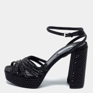 Pre Owned Prada Black Fabric Crystal Embellished Platform Block Heel Ankle Strap Sandals Size 40.5
