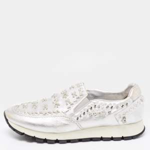 Prada Silver Leather Embellished Slip On Sneakers Size 41