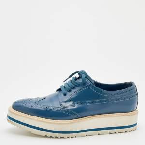 Pre Owned Prada Blue Brogue Leather Wingtip Platform Derby Sneakers Size 39.5