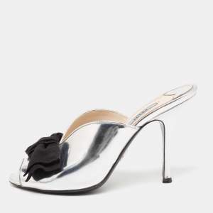 Pre Owned Prada Silver/Black Patent Leather And Fabric Bow Mules Size 39