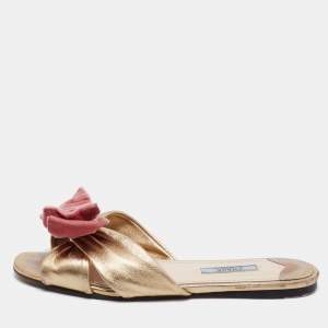 Prada Metallic Gold Leather and Velvet Bow Open Toe Flat Sandals Size 37