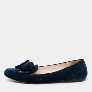 Pre Owned Prada Navy Blue Velvet Bows Ballet Flats  Size 39