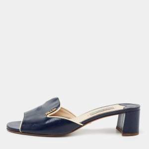 Pre Owned Prada Navy Blue Saffiano Vernice Leather Slide Sandals Size 37.5