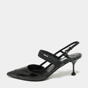 Pre Owned Prada Black Leather Cap Toe Slingback Sandals Size 36