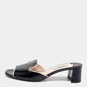 Pre Owned Prada Black Saffiano Vernice Leather Slide Sandals Size 38.5