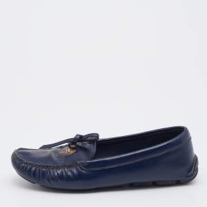 Pre Owned Prada Navy Blue Saffiano Patent Leather Bow Slip On Loafers Size 36.5