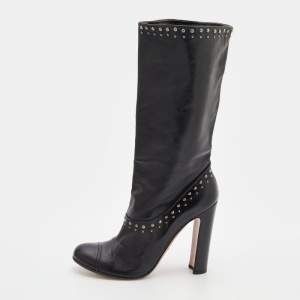 Prada Black Leather Studded Mid-Calf Length Boots Size 38.5
