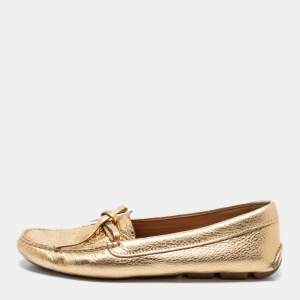 Prada Gold Leather Bow Slip-On Loafers Size 38.5