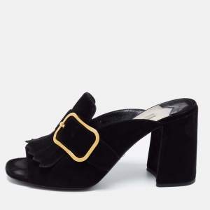 Pre Owned Prada Black Suede Buckle Fringe Block Heel Mules Size 38