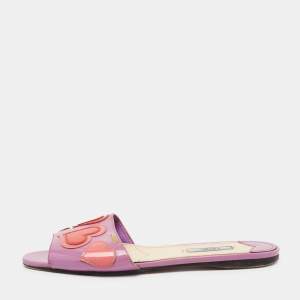 Prada Purple Patent Leather Heart Motif Flat Slide Sandals Size 39