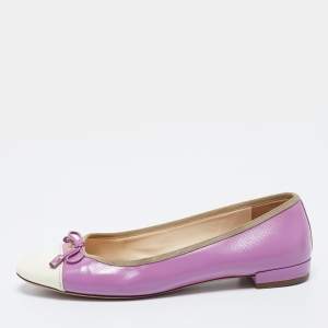 Prada Purple/White Saffiano Patent Leather Bow Cap Toe Ballet Flats Size 38