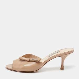 Pre Owned Prada Beige Saffiano Patent Leather Bow Detail Slide Sandals Size 39