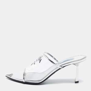 مملوكة مسبقًا Prada Silver Leather and Logo Print PVC Plexiglas Slide Sandals Size 39
