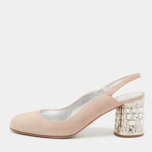 Pre Owned Prada Beige Suede Crystal Embellished Heels Slingback Pumps Size 39