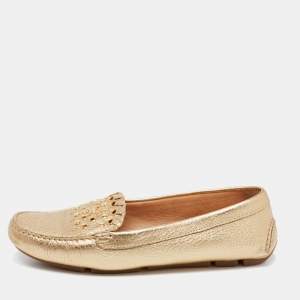 Pre Owned Prada Gold Leather Logo Slip On Loafers Size 38.5