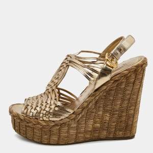 Prada Metallic Gold Leather Raffia Platform Wedge Sandals Size 39