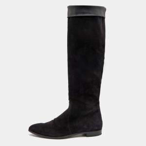 Pre Owned Prada Black Suede Knee Length Boots Size 40.5