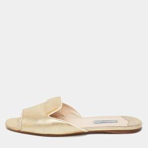 Pre Owned Prada Gold Saffiano Leather Flat Sandals Size 39.5