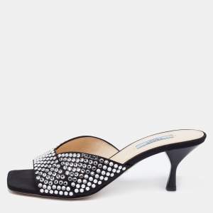 Pre Owned Prada Black Fabric Crystal Embellished Slide Sandals Size 38