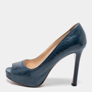Pre Owned Prada Blue Leather Peep-Toe Platform Pumps Size 39