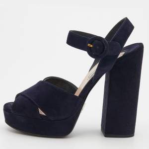 Pre Owned Prada Navy Blue Suede Ankle Strap Platform Sandals Size 38