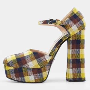 Pre Owned Prada Multicolor Check Canvas Platform Ankle Strap Pumps Size 41