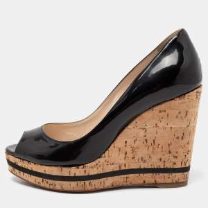 Prada Black Patent Leather Peep Toe Cork Wedge Pumps Size 36