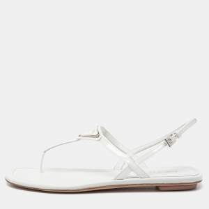 Pre Owned Prada White Patent Leather Logo Thong Flats Size 39