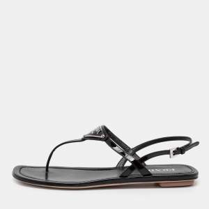 Pre Owned Prada Black Patent Leather Logo Thong Flats Size 39