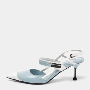 Pre Owned Prada Light Blue/White Leather and Rubber Pointed-Toe Slingback Pumps Size 38