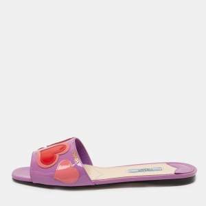 Prada Purple Patent Leather Heart Motif Flat Slide Sandals Size 38.5