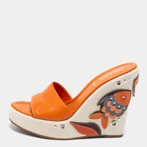 Pre Owned Prada Orange Leather Fish Studded Platform Wedge Slide Sandals Size 38