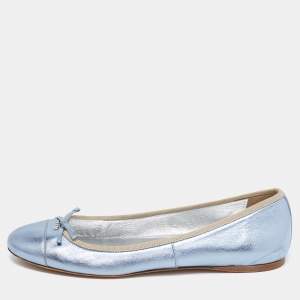Pre Owned Prada Metallic Blue Leather Bow Ballet Flats Size 39.5