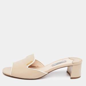 Pre Owned Prada Beige Saffiano Vernice Leather Block Heel Slide Sandals Size 38.5