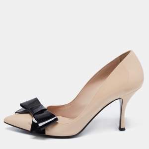 Pre Owned Prada Beige/Black Patent Leather Bow Pointed Toe Pumps Size 39