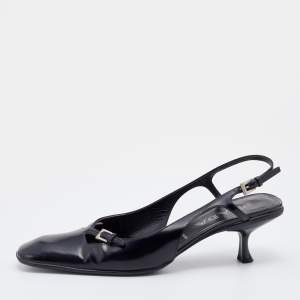 Prada Black Leather Square Toe Slingback Sandals Size 37.5