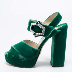 Prada Green Velvet Cross Strap Platform Ankle-Strap Sandals Size 38
