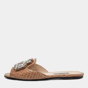 Pre Owned Prada Brown Croc Embossed Leather Crystal Embellished Flat Slides Size 38