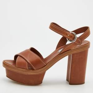 Pre Owned Prada Brown Leather Crisscross Ankle Strap Block Heel Platform Sandals Size 39.5