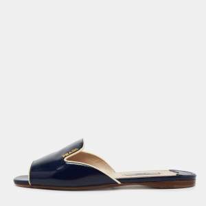 Pre Owned Prada Navy Blue Patent Saffiano Leather Flat Slides Size 36
